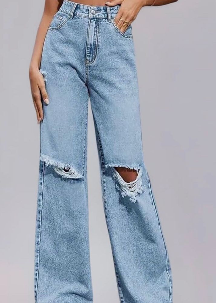Ripped Wide Leg Denim Jeans