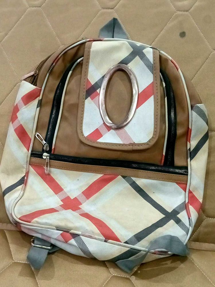 Plaid Backpack with Oval Detail