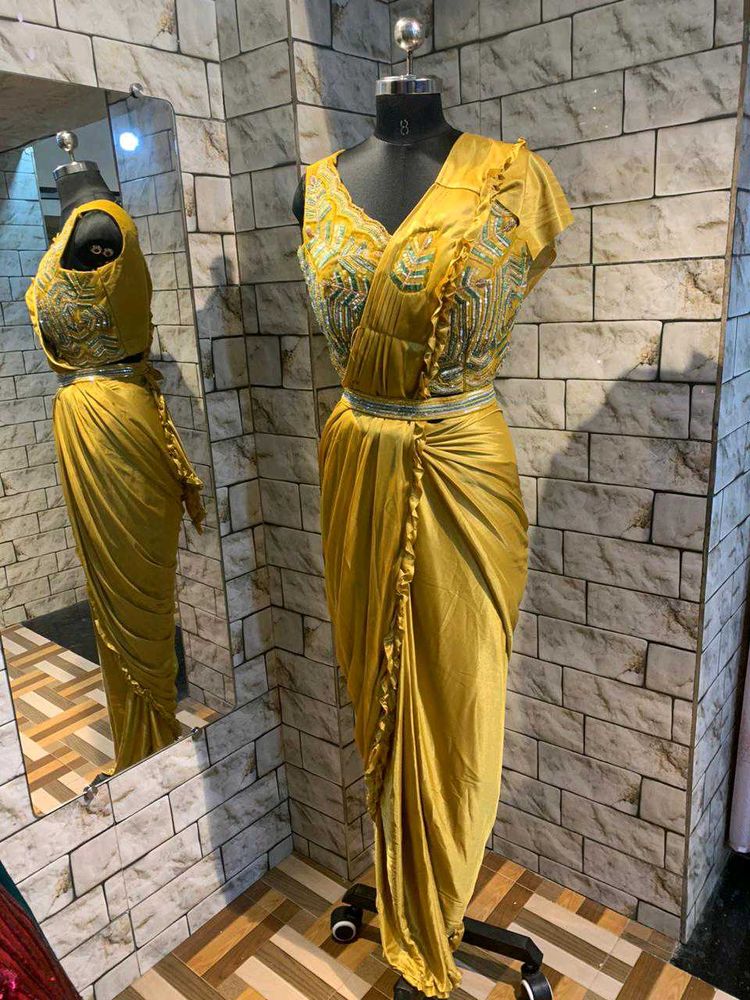 Gorgeous Mustard Embellished Saree Gown