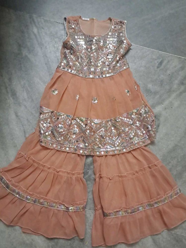 Kids&#39; Sharara Suit - Peach &amp; Silver