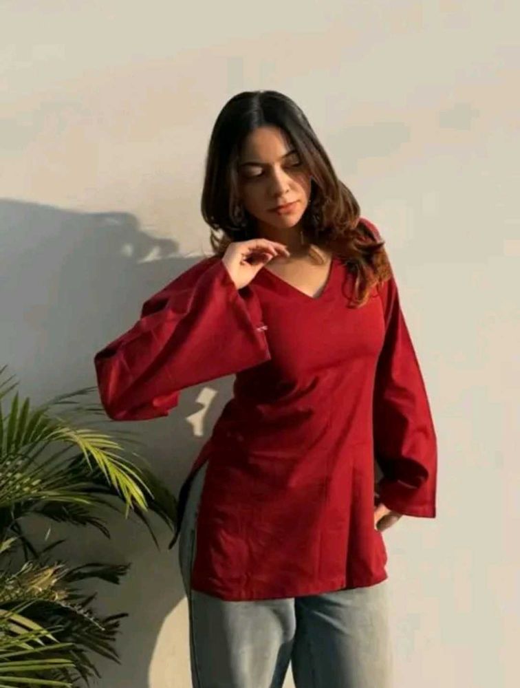 Maroon V-Neck Top with Long Sleeves