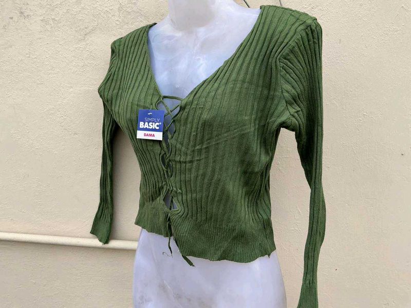 Green Ribbed Lace-Up Top