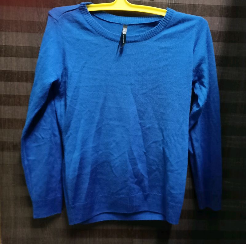 HERE&amp;NOW Solid Round Neck Casual Women Blue Sweater