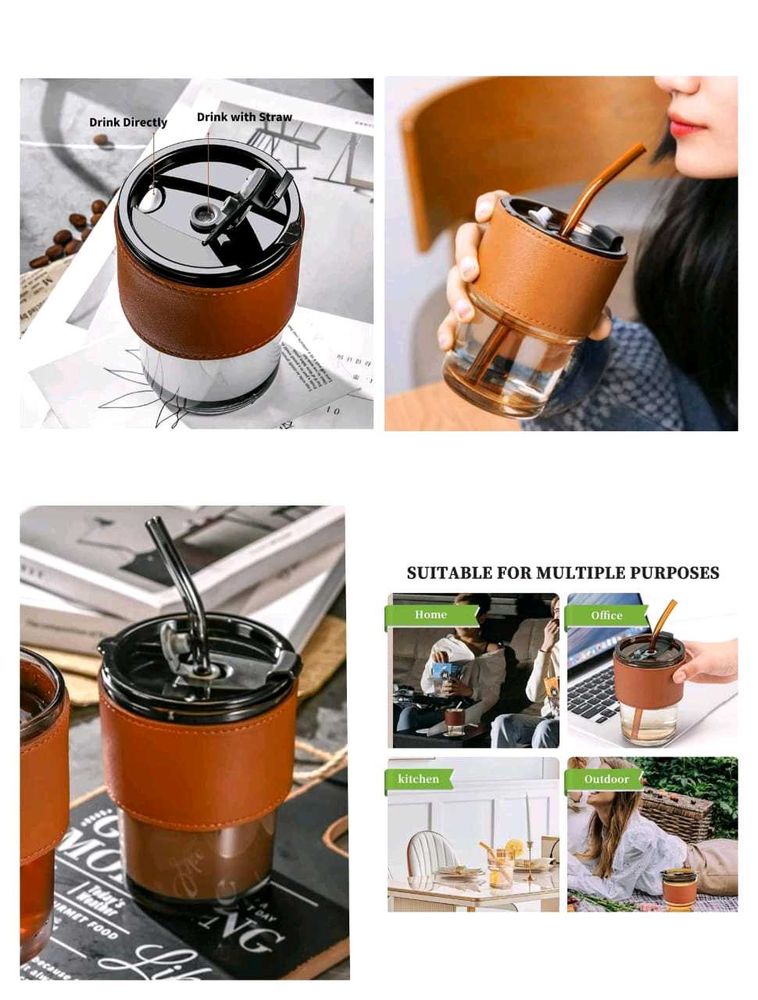 💥New Glass Tumbler Mug with Lid &amp; Staw💥