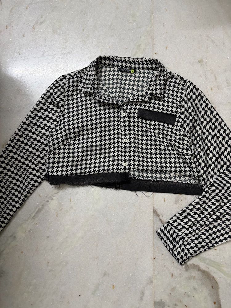 Houndstooth Cropped Jacket with denim detailing