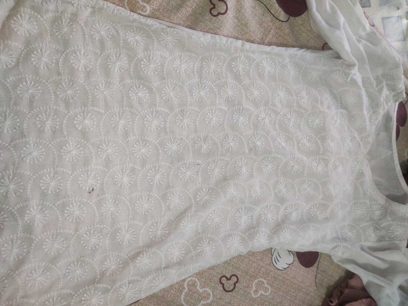 White Chickenkari Short Kurti