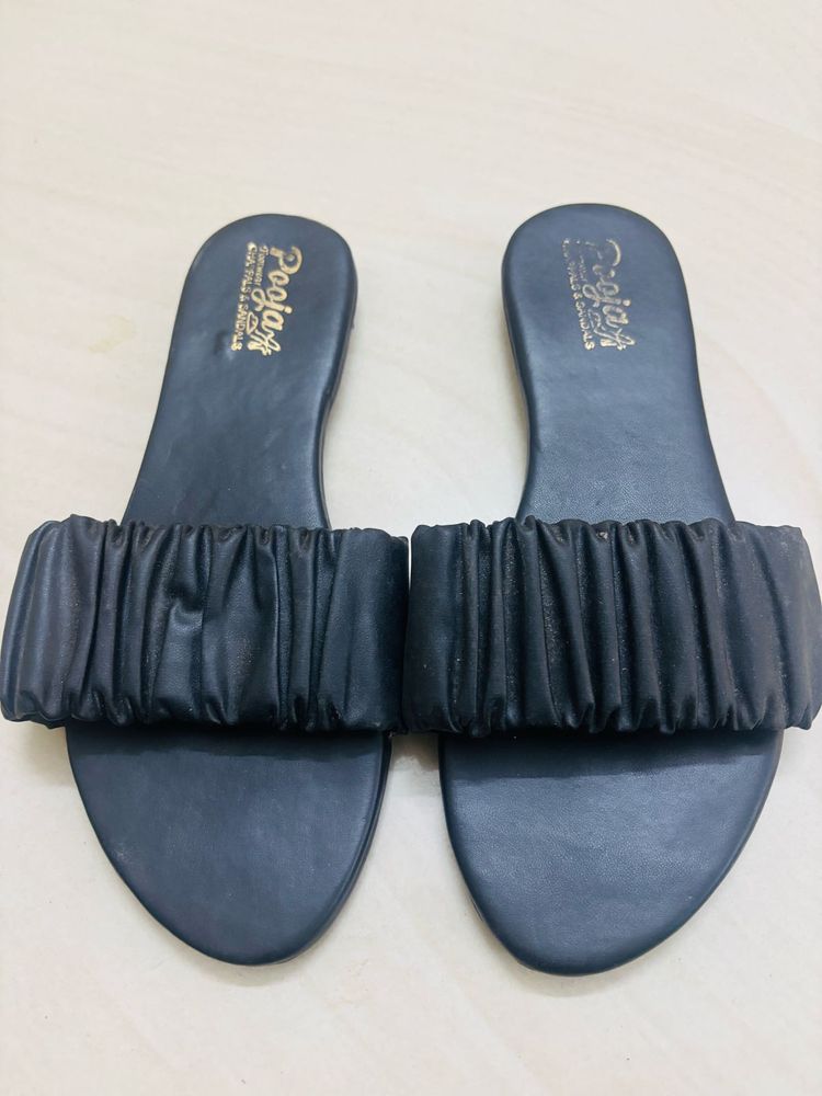 Black Ruched Slide Sandals