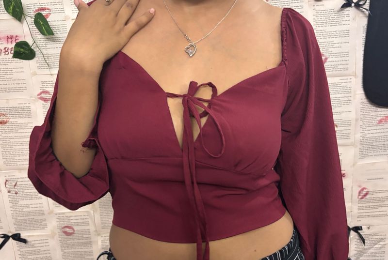 Maroon Tie-Front Crop Top
