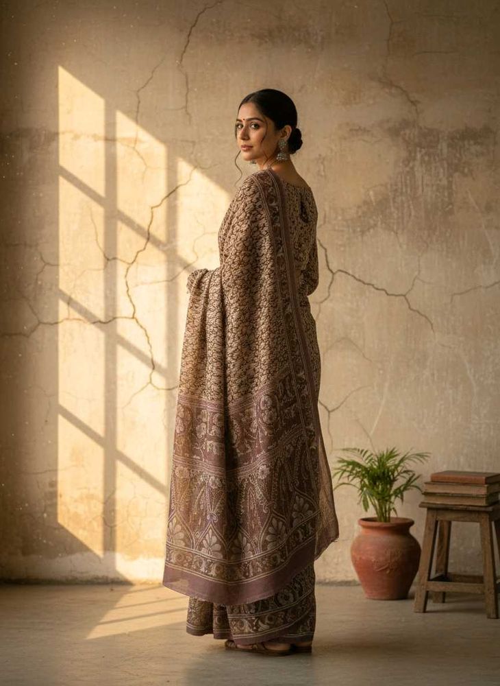 Geometric &amp; Motif Print Saree with Intricate Pallu