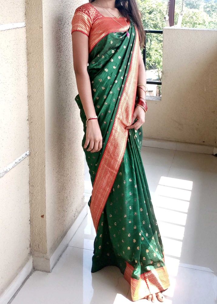 Elegant Green &amp; Red Saree