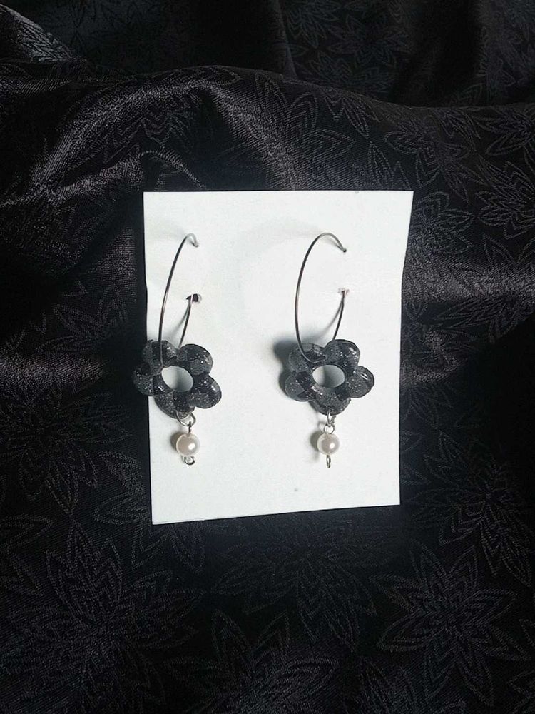 Floral Pearl Drop Hoop Earrings