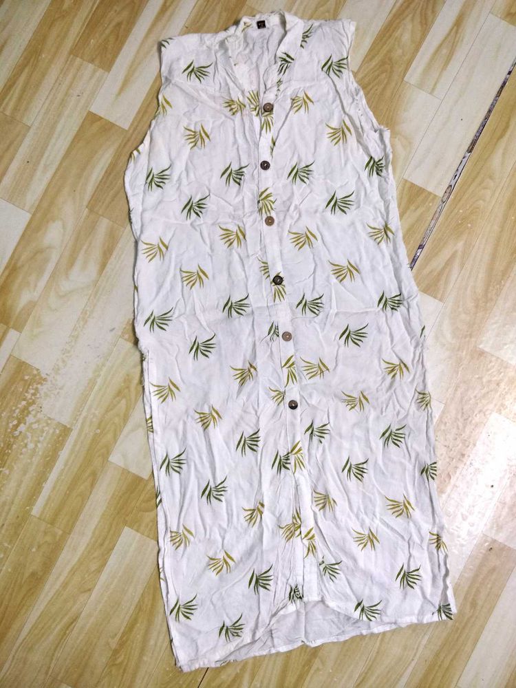 Leaf Print Button-Down Sleeveless Dress