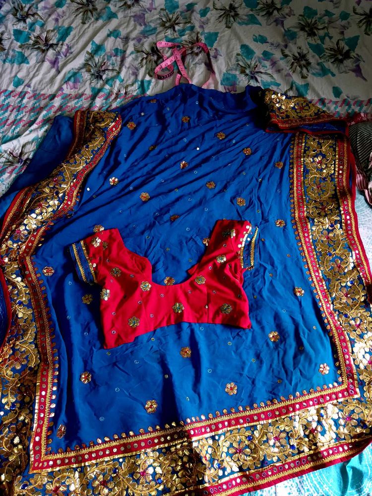 Blue &amp; Red Embroidered Sari with Blouse