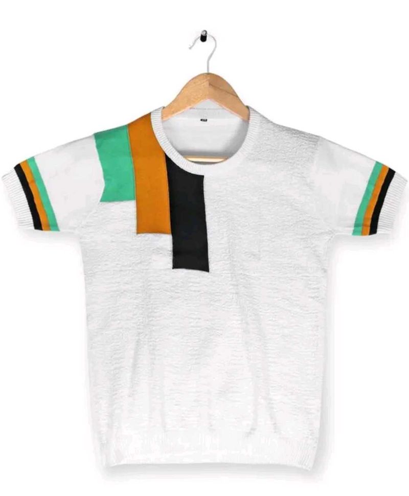 Boys Self Design Wool Blend Regular T Shirt White