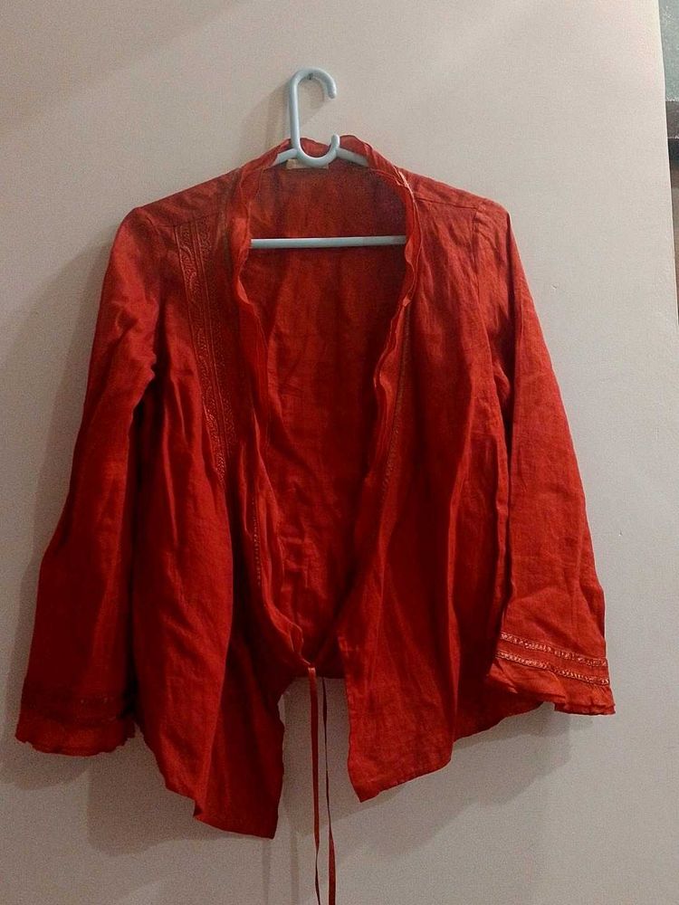 Red Linen Tie-Front Jacket