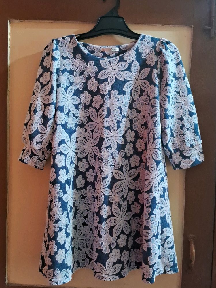 Denim Blue Flower Printed Top