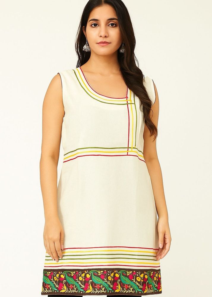 Off-white Kurti with Multicolour Border Embroidery