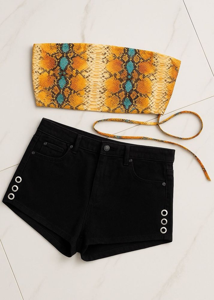 SET OF 2 Snakeskin Print Tube Top And Black Shorts