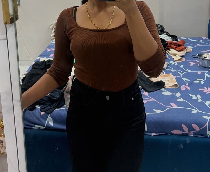 Brown Ribbed Square Neck Top