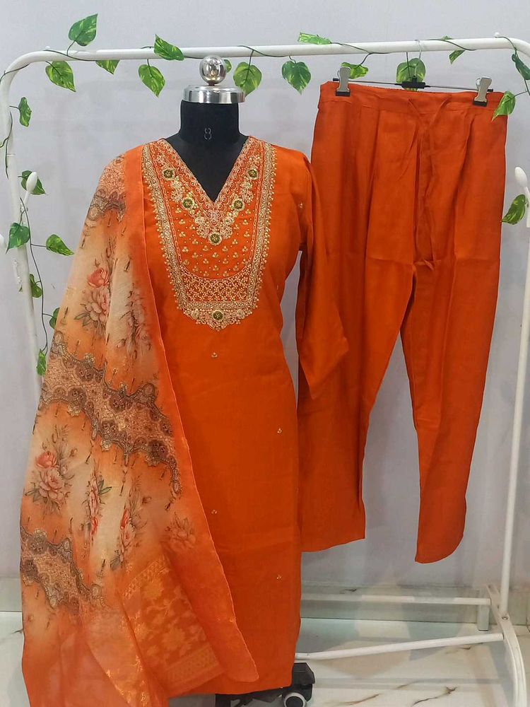 New Orange Golden detailing Kurta Set