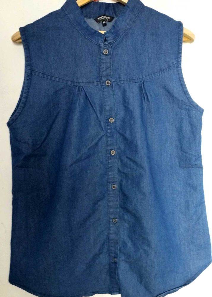 Sleeveless Denim Button-Up Shirt