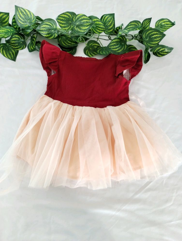 Maroon &amp; Light Orange Printed Netted Dress (Girls)