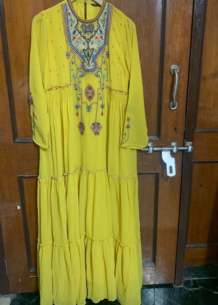 Yellow Embroidered Tiered Maxi Dress