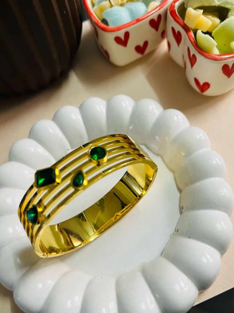 Gold Tone Bangle with Green Accents