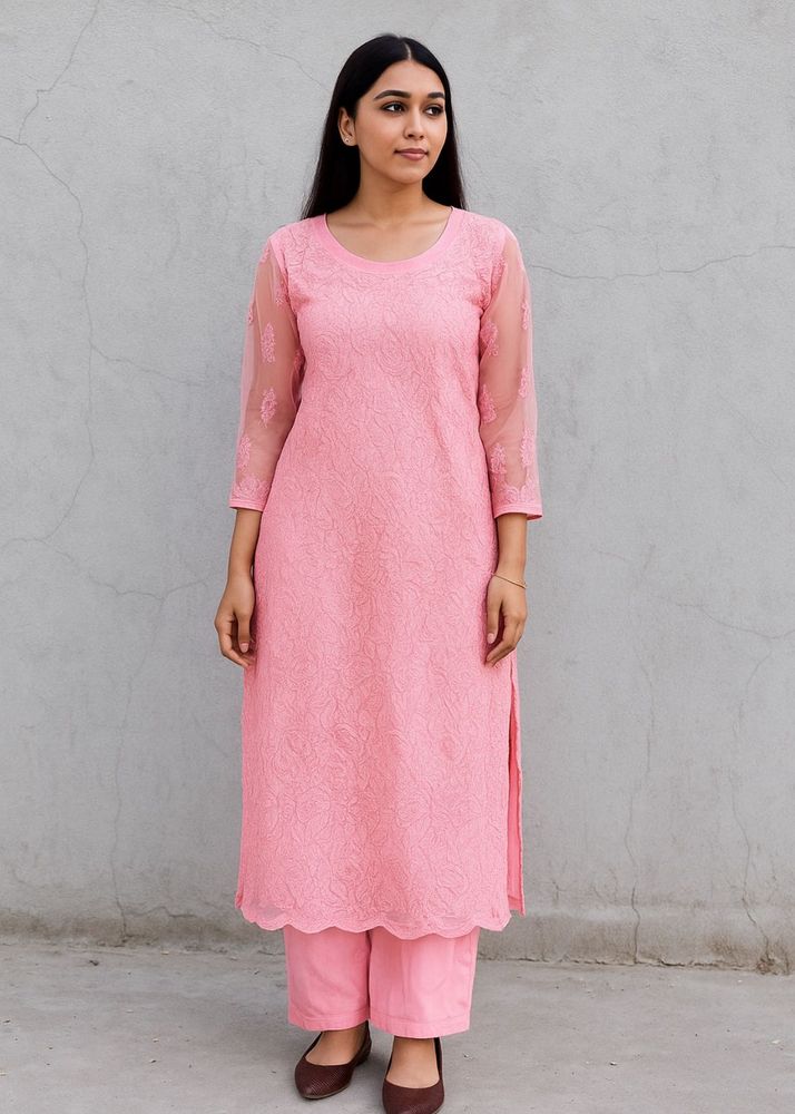 Pink Chikan Kurta With Inner