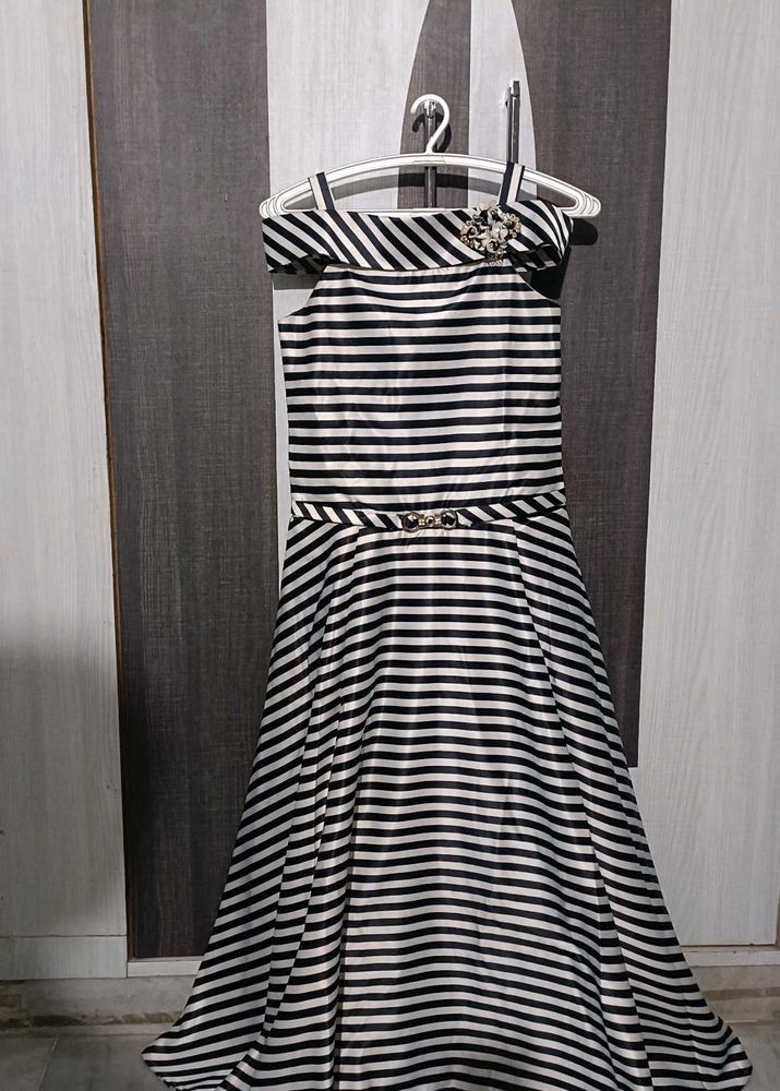 Black And White Striped Off Shoulder Gown
