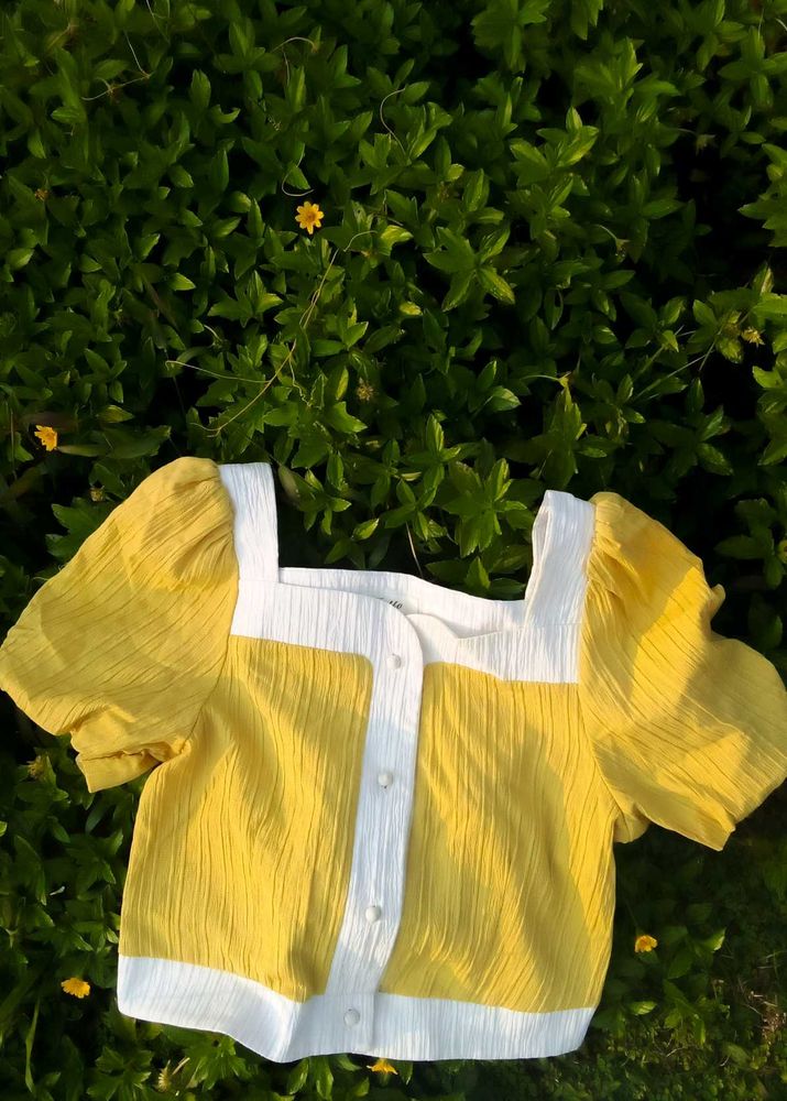 Korean Cute Yellow &amp; White Puff Sleeve Top