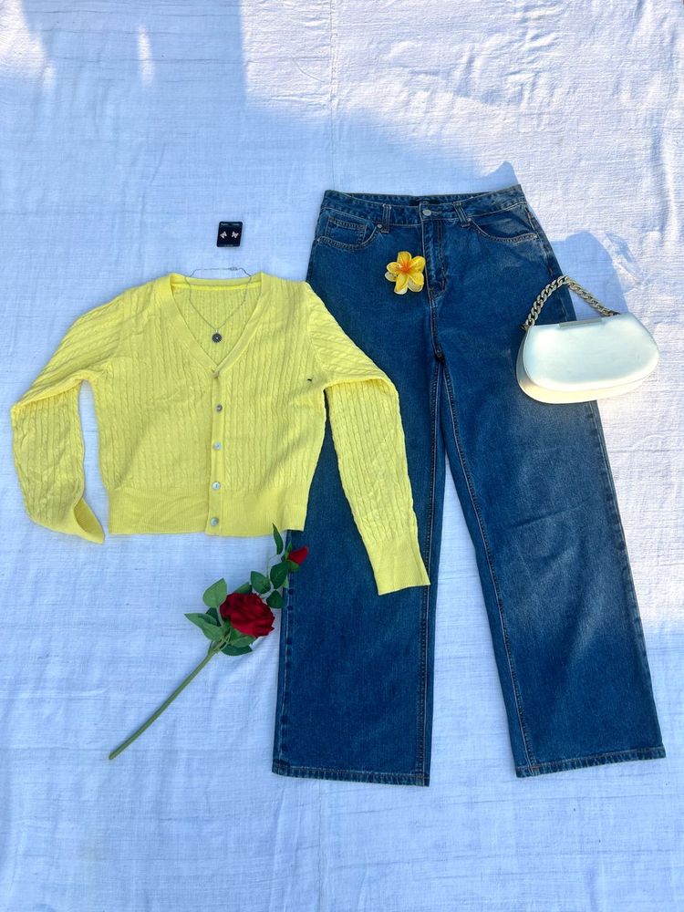 Outfit Set - Yellow Cardigan &amp; Wide Leg Jeans