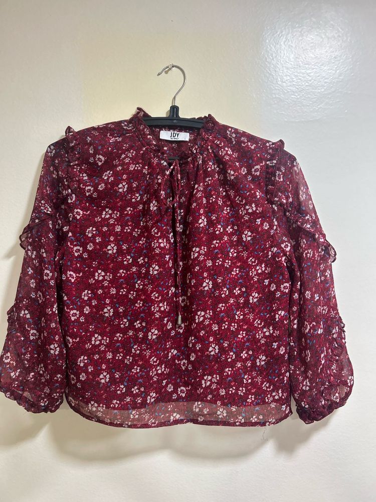 Red Floral Ruffle Blouse