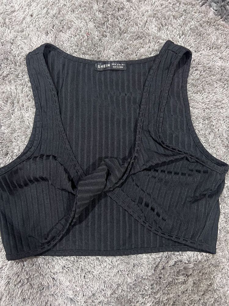 Shein Black Ribbed Knot Crop Top