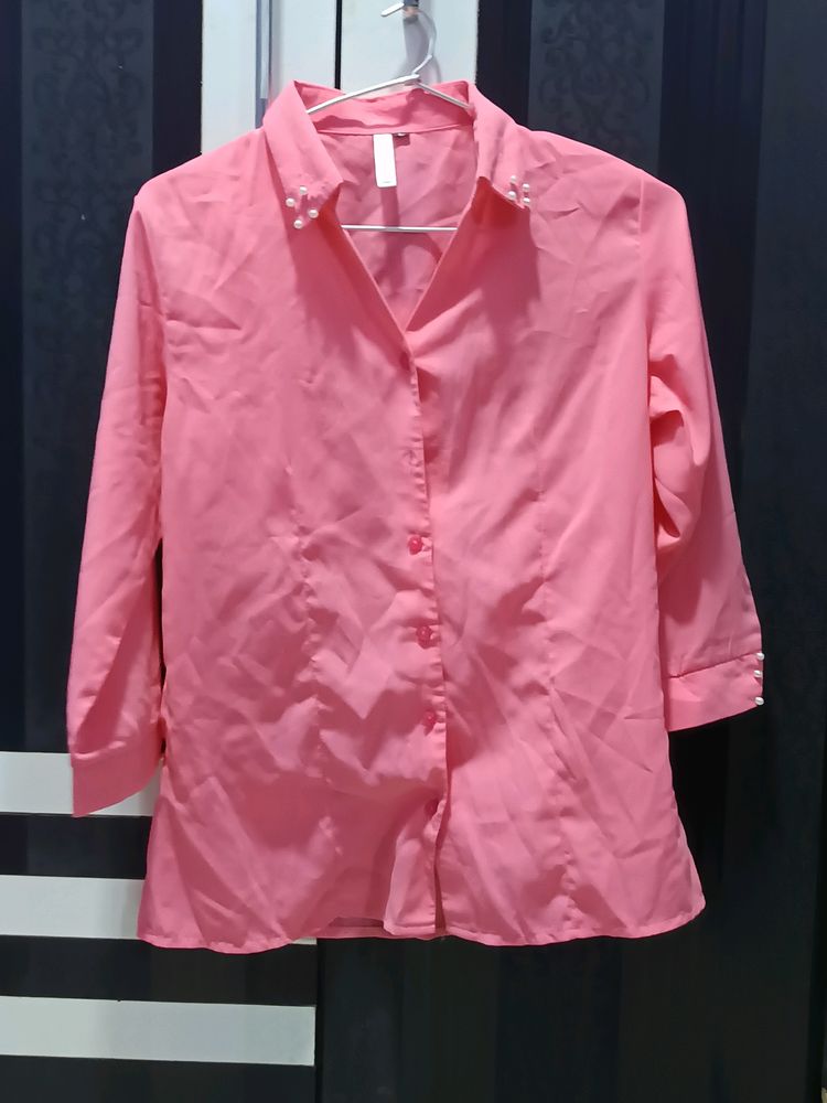 Neon Pink Shirt With Bead Work