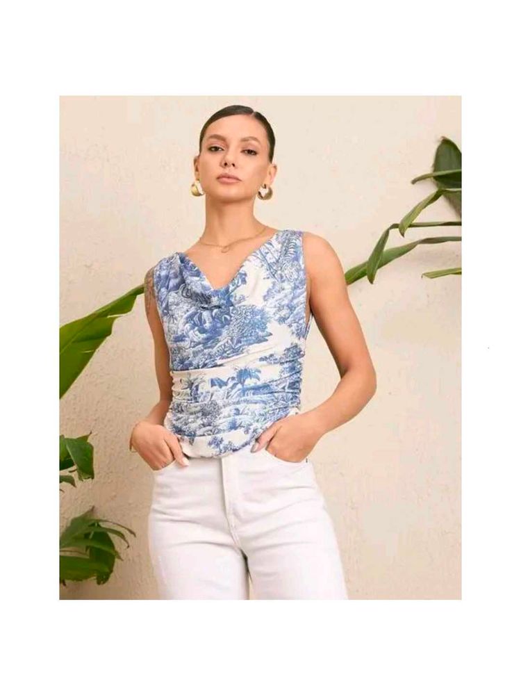 Blue Toile Cowl Neck Top