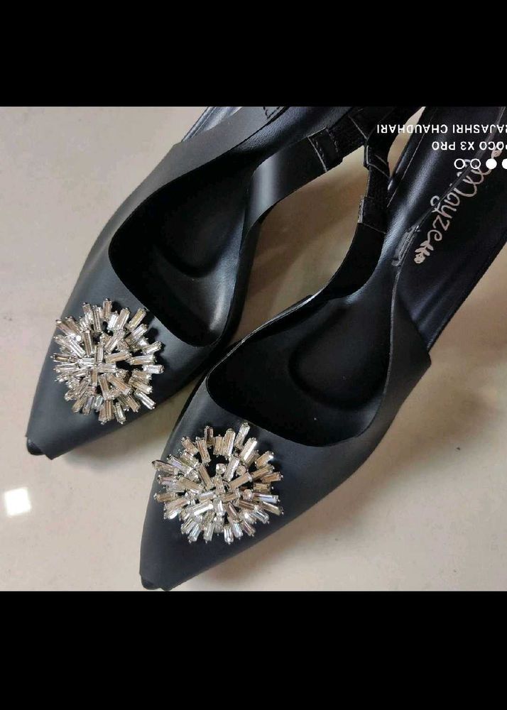 Mayze Black Slingback Heels with Crystal Embellish