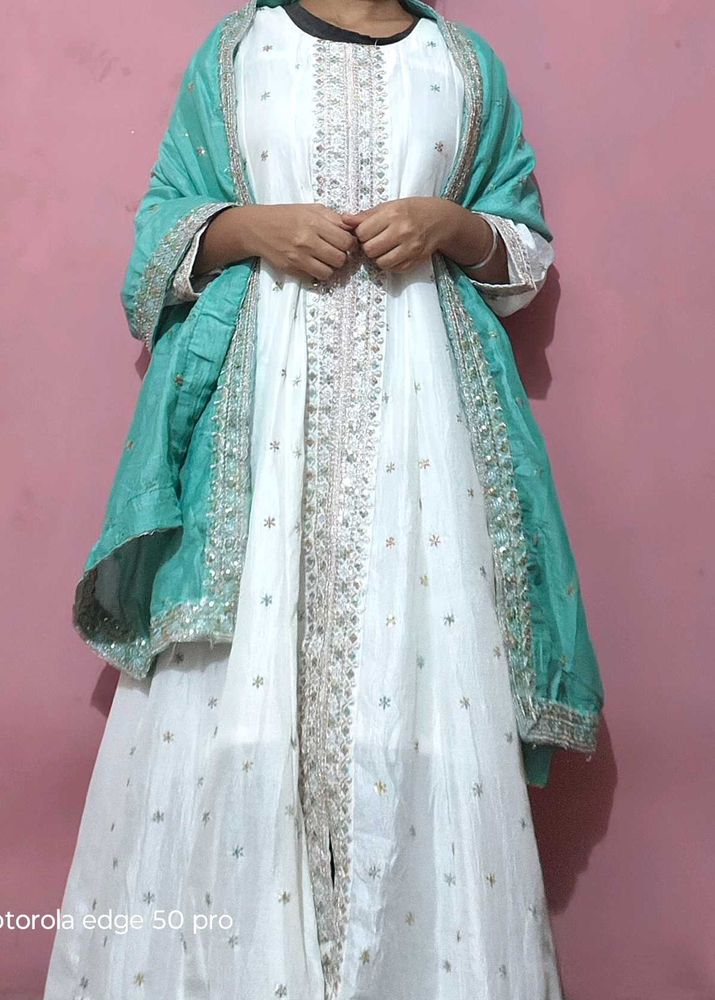 Anarkali Suit And Pant With Contrance Dupatta