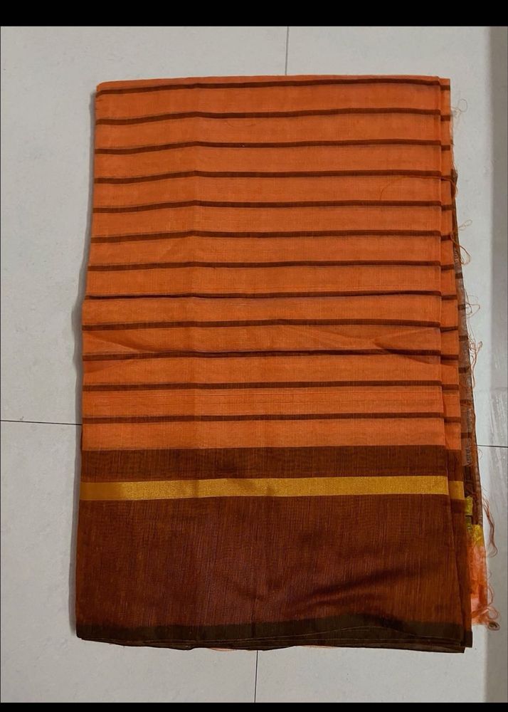 Striped Orange Cotton Saree