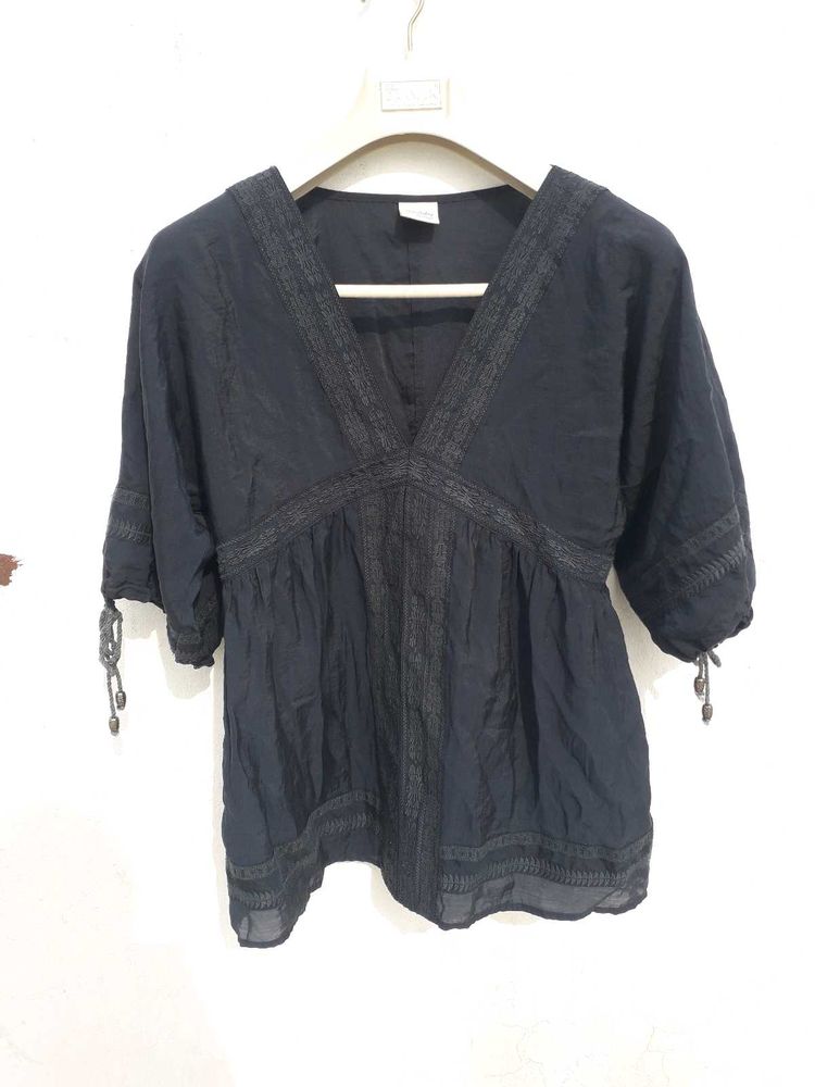 Dark Blue Embroidered V-Neck Blouse