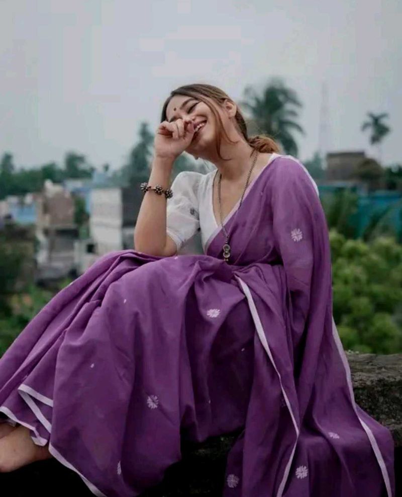 Elegant Purple Cotton Saree with white blouse