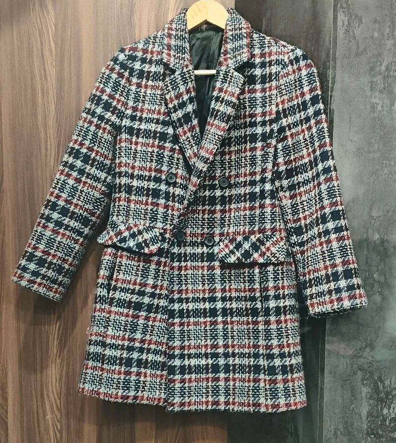 Checkered Wool Blend Coat