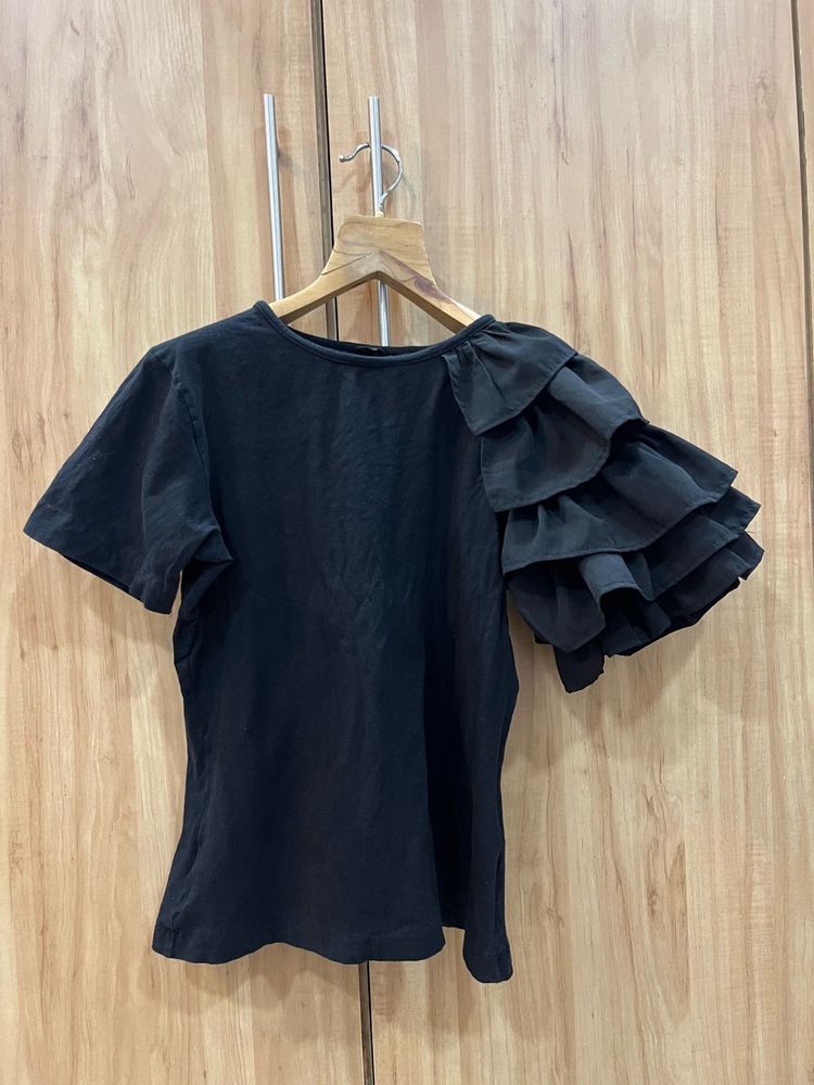 Black Ruffled Sleeve Top