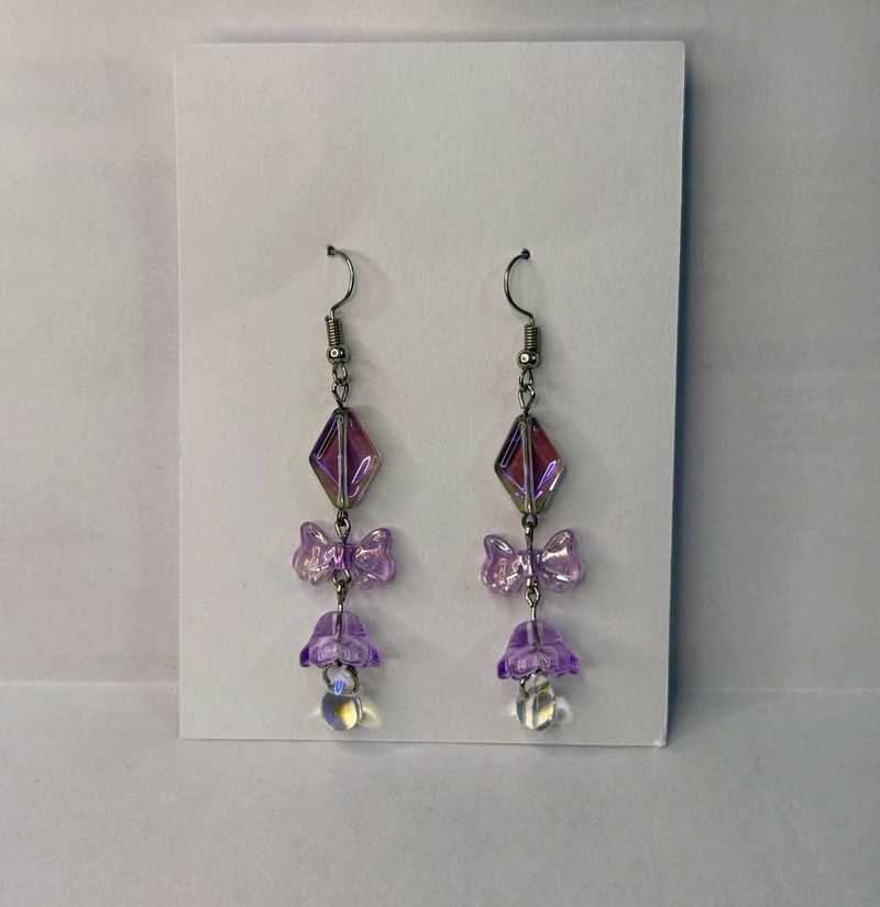 Handmade Bow Earrings with Drop - Purple