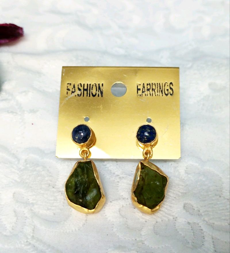 Raw Peridot &amp; Lapis Lazuli Double Layered Earrings