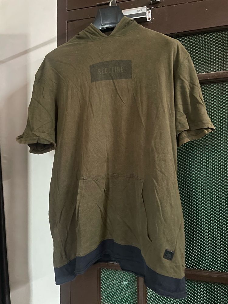 Used Wrogn Hooded T-Shirt | Olive Green | Oversize