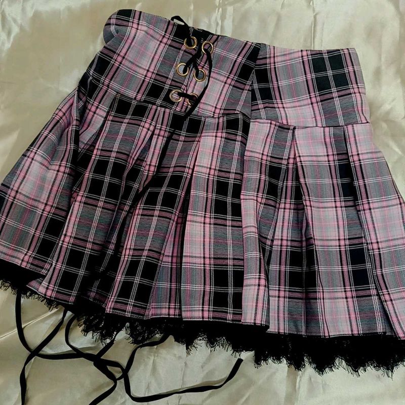Pink mini Plaid Pleated Skirt