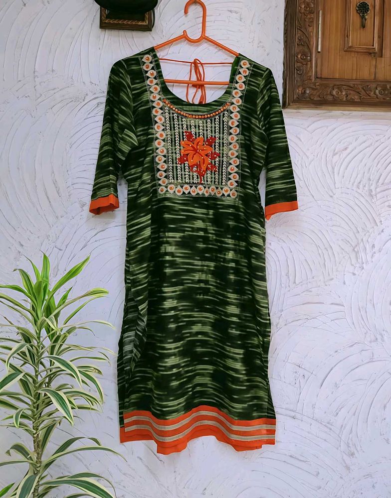 Olive Embroidery Work Kurta