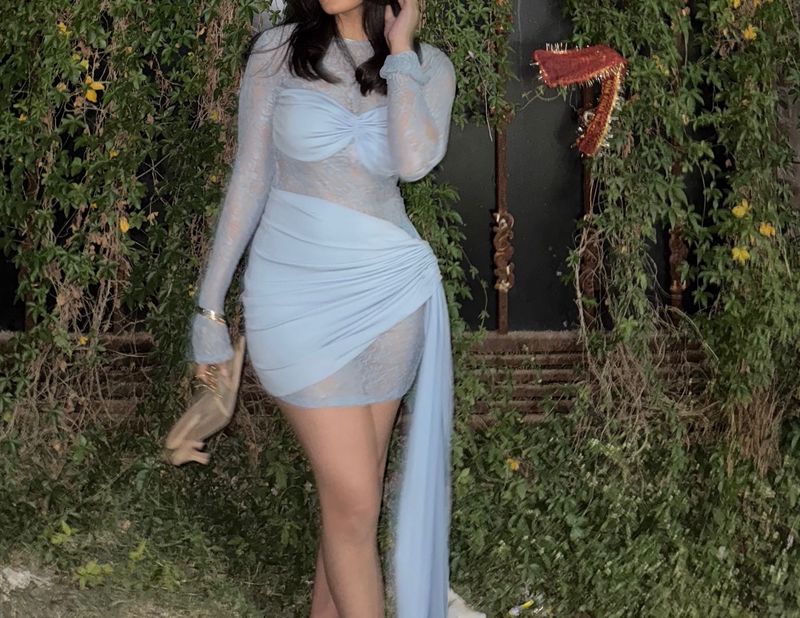 Elegant Blue Lace &amp; Ribbon Bodycon Dress