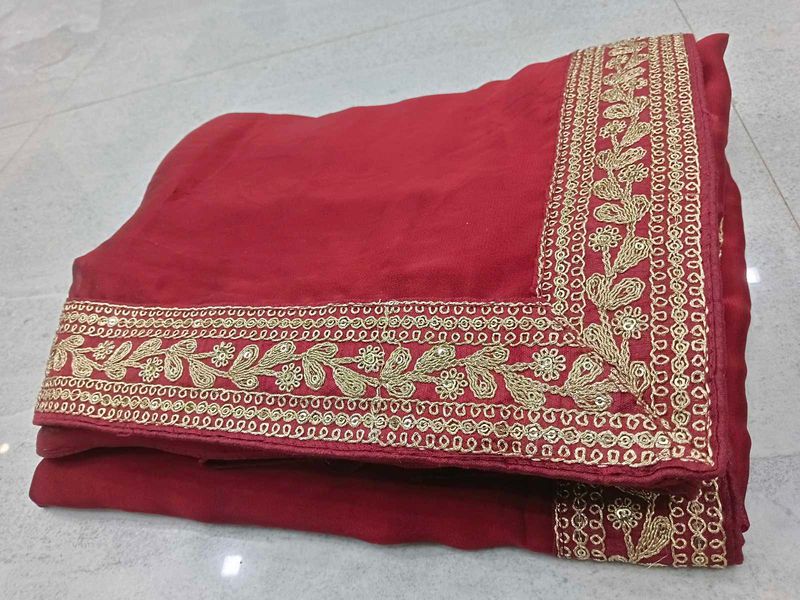Elegant Red Saree with Lace Work